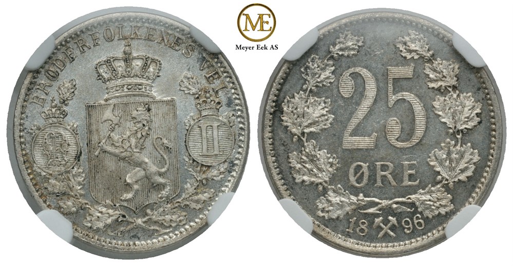 25 øre 1896 Oscar II. Kv. Prakt eksemplar