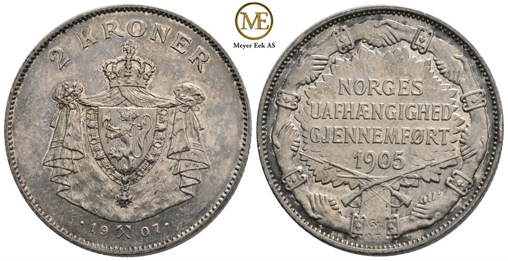 2 kroner 1907 Jub. m/gevær. Kv.0