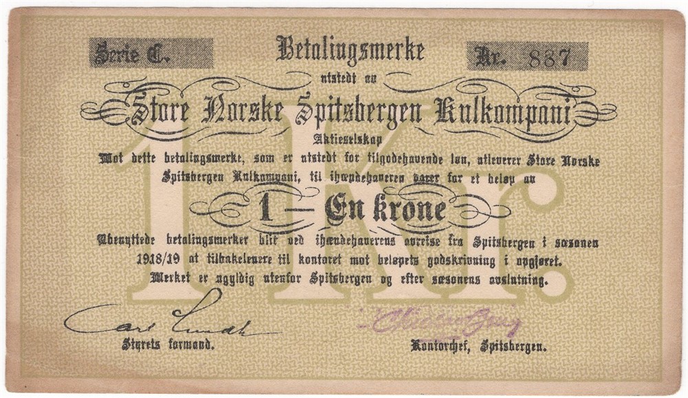 1 krone 1918/19 SN Spitsbergen kulkompani. RRR. Kv.01