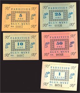 Fabritius 5-10-25-50 øre, 1 kr 1941/42 varierende kvalitet