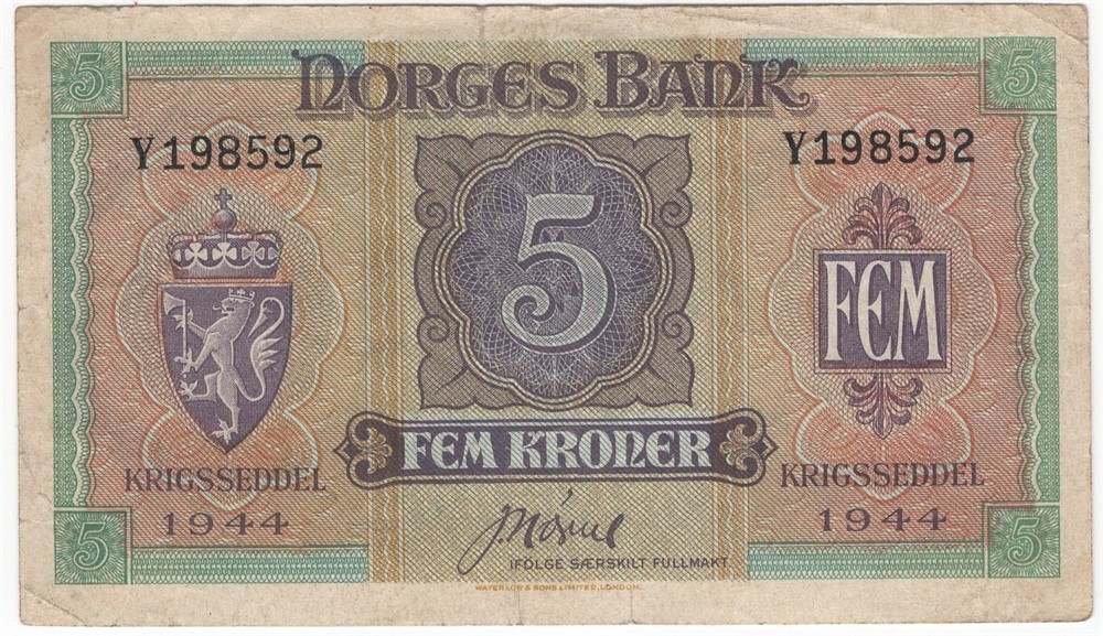 5 kroner London 1944 Y.198592. Kv.1