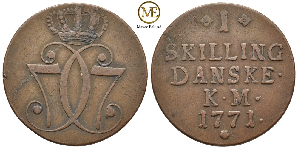 1 skilling 1771 Kongsberg. Variant 55. Kv.1+