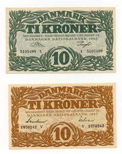 Danmark lot 10 kroner 1943 V og 1948 t