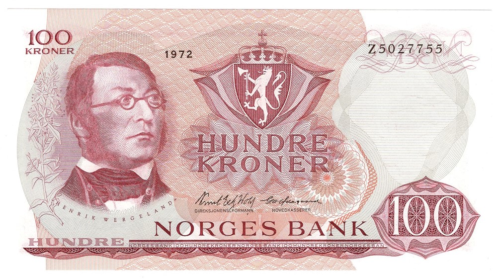 100 kroner 1972 Z.5027755. 5-million erstatningsseddel. SS-seddel. Kv.01