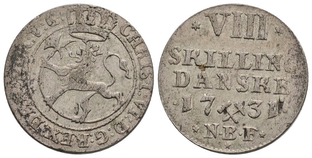 8 skilling 1731 Christian VI. Kv.1+