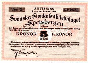 Svenska Stenkolsaktiebolaget Spetsbergen 5 kroner blankett serie D Kv.0/01