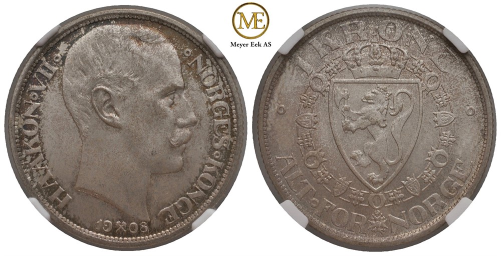 1 krone 1908 u/p Haakon VII. Kv.0