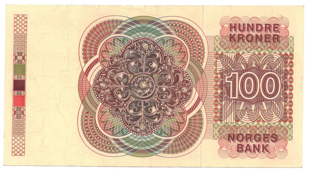 100 kroner 1977 QK. Erstatningsseddel. Brunt årstall. Kv.0/01
