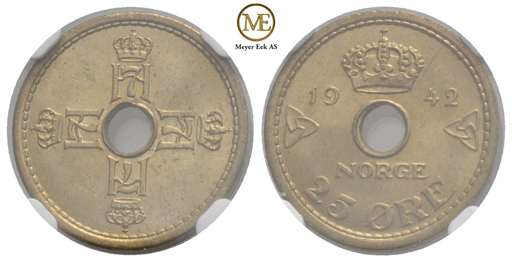 25 øre 1942 Haakon VII. London utg. Gradert til MS65 hos NGC. Kv.0
