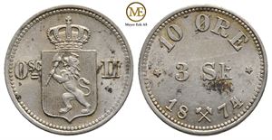 10 øre/3 skilling 1874 Oscar II. Kv.0/01