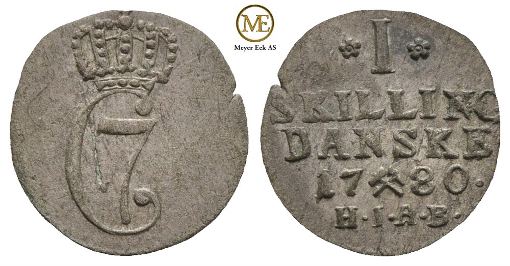 1 skilling 1780 Christian VII. Kv.1+