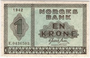 1 krone 1942 E.0436503. 65 EPQ. Kv.0