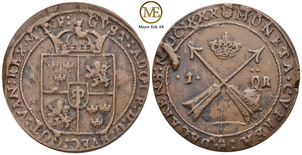 1 öre 1630 Gustav II Adolf. Kobber. Bl.feil. Kv.1+