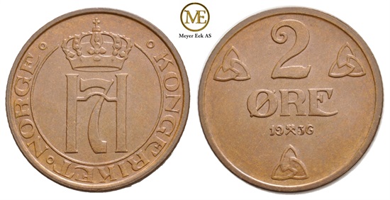 2 øre 1936 Haakon VII. Kv.0