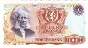 1000 kroner 1987 Z.0197664 erstatningsseddel. Kv.1+