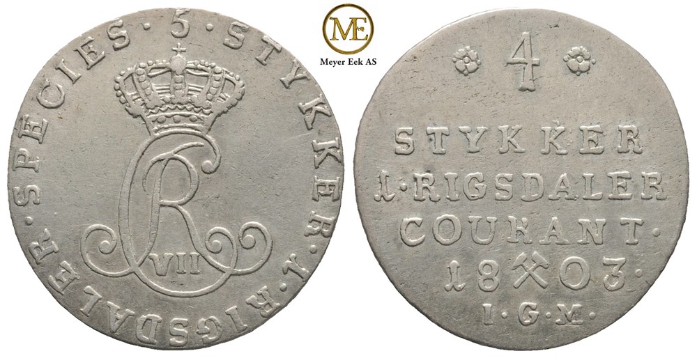 1/5 speciedaler 1803. Christian VII. Kv.1+