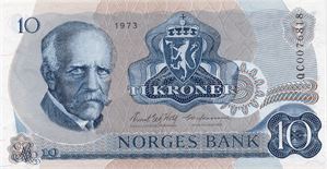 10 kroner 1973 QC erstatningsseddel. Kv.0