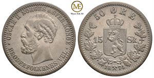 50 øre/15 skilling 1874 Oscar II. Kv.1+