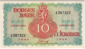 10 kroner 1944 Z.387322. London utg. Kv.0/01