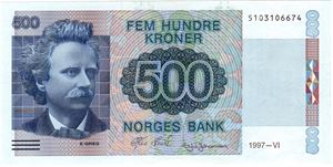 500 kroner 1997. VI utgave. Kv.0/01