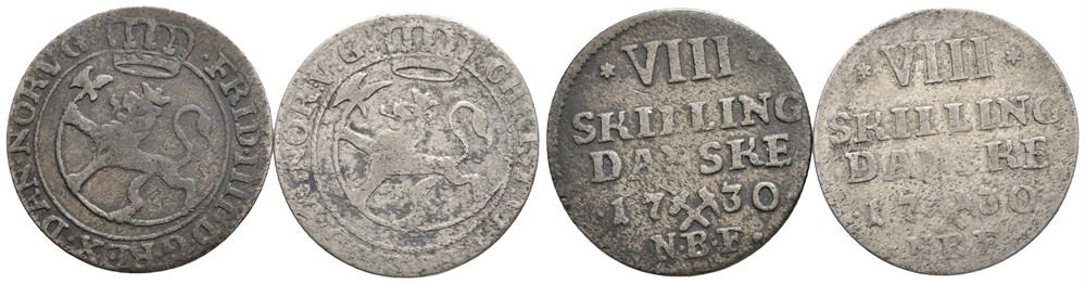 8 skilling 1730 Frederik IV og Christian VI. NMD.43 og NMD.18