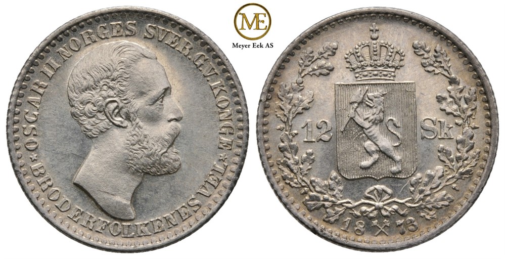 12 skilling 1873 Oscar II. NM.14. Praktfult eksemplar. Kv.0