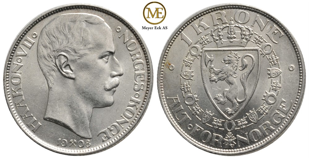 1 krone 1908 u/plate Haakon VII. Praktfult eksemplar. Kv.0