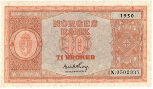 10 kroner 1950 N.0502337. Kv.0