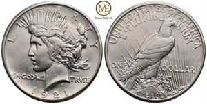 Dollar 1921 High relief peace dollar. Kv.01