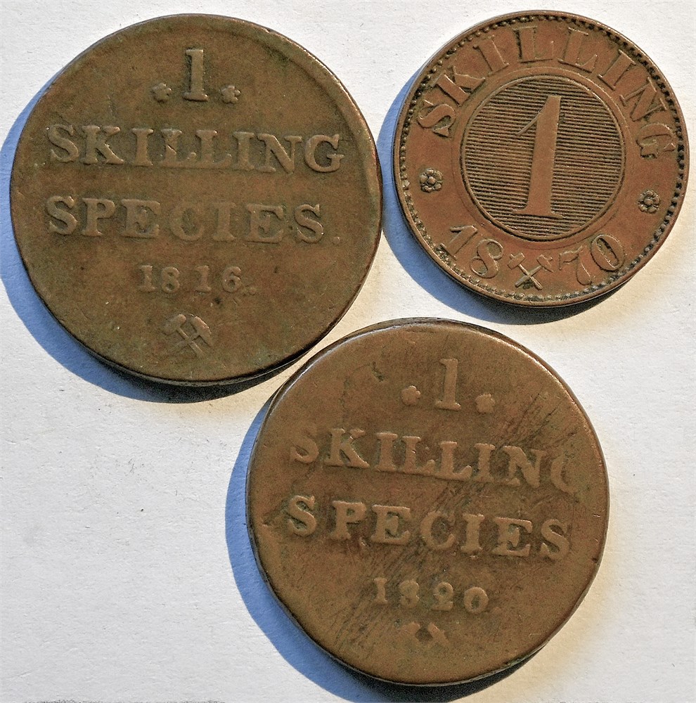 Norge 1 skilling 1816,1820 og 1870 kv. 1/1-