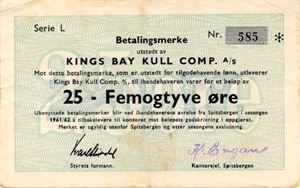 King Bay Kull Kompani 25 øre betalingsmerke 1961/62 L