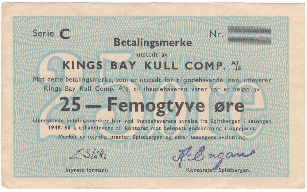 25 øre 1949/50 serie C. Kings Bay K.C. Kv.1