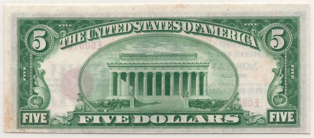 5 dollar The first national bank of Norway. Gradert til 61 hos PCGS. Kv.0/01