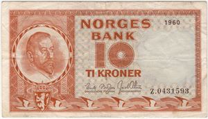 10 kroner 1960 Z. Erstatningsseddel.R-seddel. Kv.1