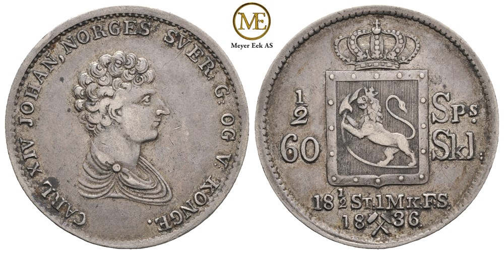 1/2 speciedaler 1836 Carl XIV Johan. Kv.1+