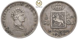 1/2 speciedaler 1836 Carl XIV Johan. Kv.1+