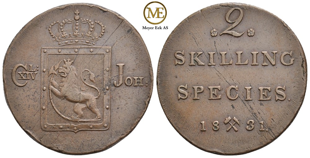 2 skilling 1831 Carl XIV Johan. Kv.1+/01