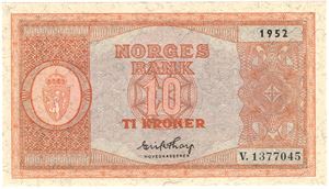 10 kroner 1952 V.1377045. Kv.0/01