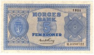 5 kroner 1951 H.0380722. Kv.0/01