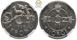 1 krone 1998 med skjevt hull. Kv.0