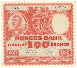 100 kroner 1957 E.8591863. Kv.1