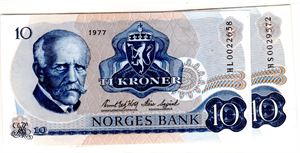 10 kroner 1977 HL og HS erstatning Kv.0/01