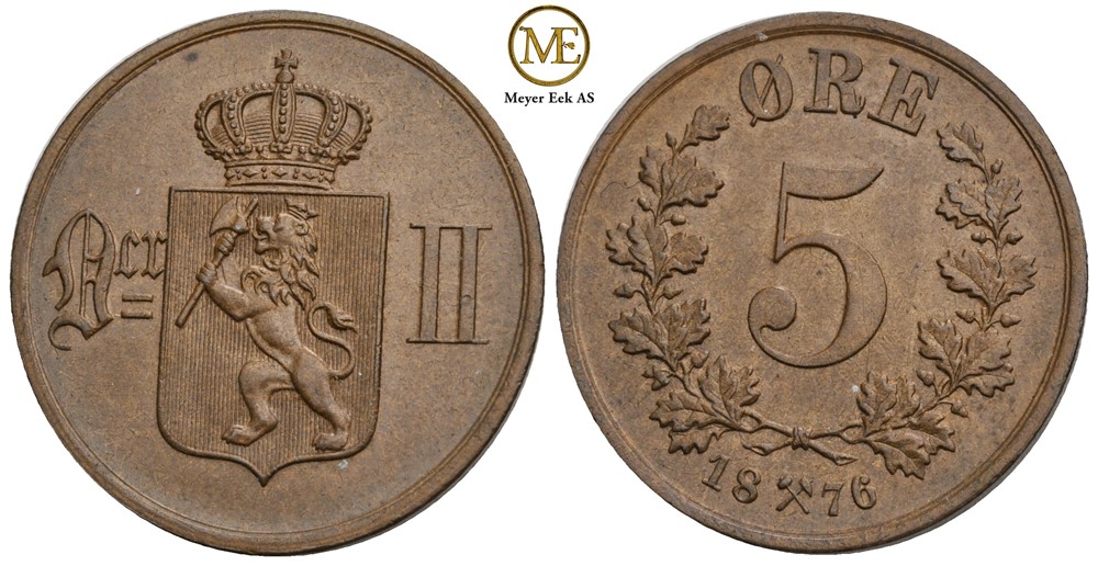 5 øre 1876 Oscar II. Kv.0