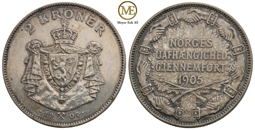 2 kroner 1907 Jub. m/gevær. Kv.1+/01