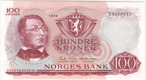 100 kroner 1970 X. Erstaningsseddel. 65 EPQ. Kv.0