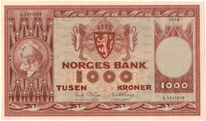 1000 kroner 1958 A.1207089. Kv.0/01