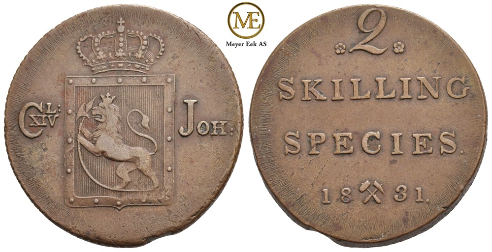 2 skilling 1831 Carl XIV Johan. NM.54. Bl.feil. Kv.1+