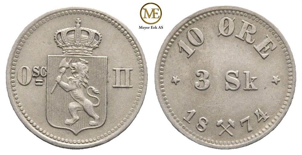 10 øre/3 skilling 1874 Oscar II. Kv.01