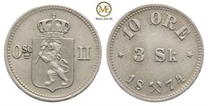 10 øre/3 skilling 1874 Oscar II. Kv.01