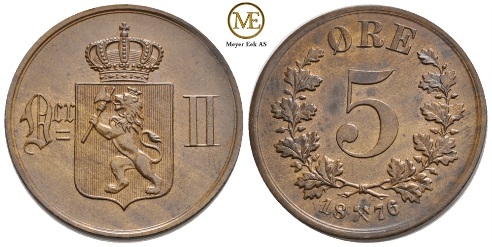 5 øre 1876 Oscar II. Kv.0